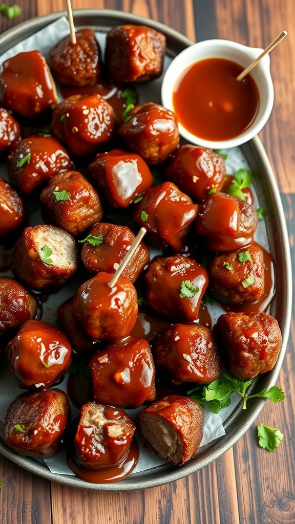 BBQ beef meatballs served with a dipping sauce