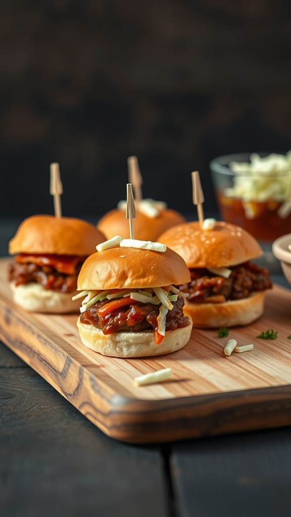 BBQ beef sliders with coleslaw on a wooden board