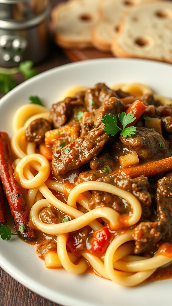 A plate of BBQ beef stroganoff with egg noodles, garnished with parsley.