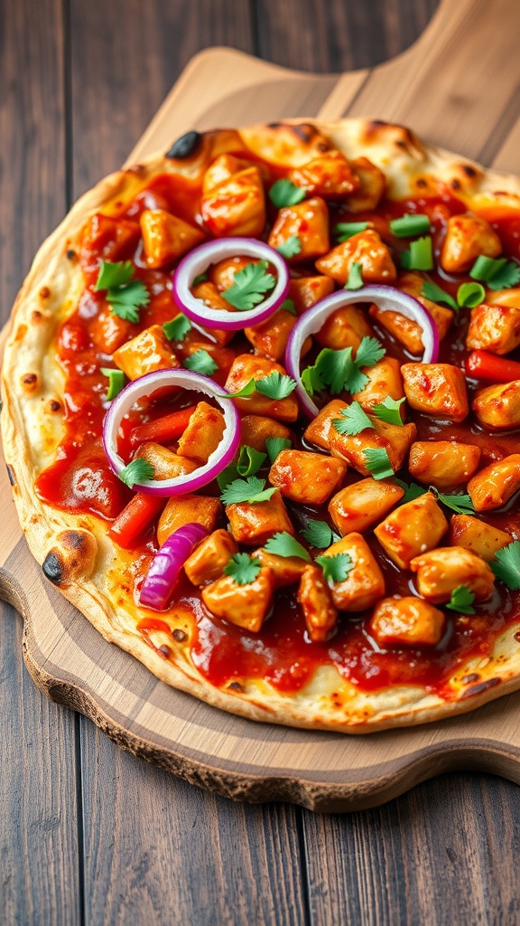 BBQ chicken pizza with diced chicken, barbecue sauce, red onion, and fresh cilantro on a wooden surface.