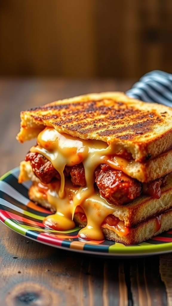 A delicious BBQ chicken pizza grilled cheese sandwich with melted cheese and barbecue sauce dripping out.