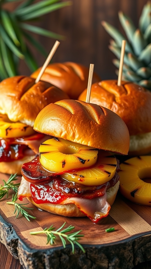 BBQ Ham and Pineapple Sliders on a wooden board with fresh rosemary.