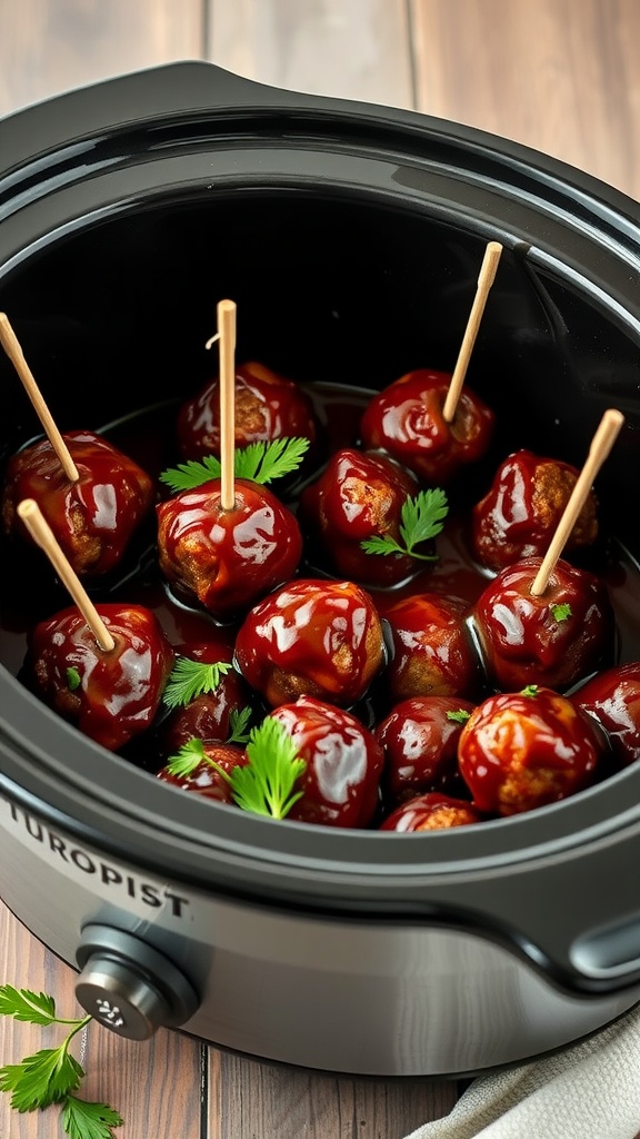 BBQ meatballs in sweet sauce served in a slow cooker.