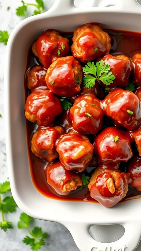 BBQ meatballs with sweet glaze garnished with parsley