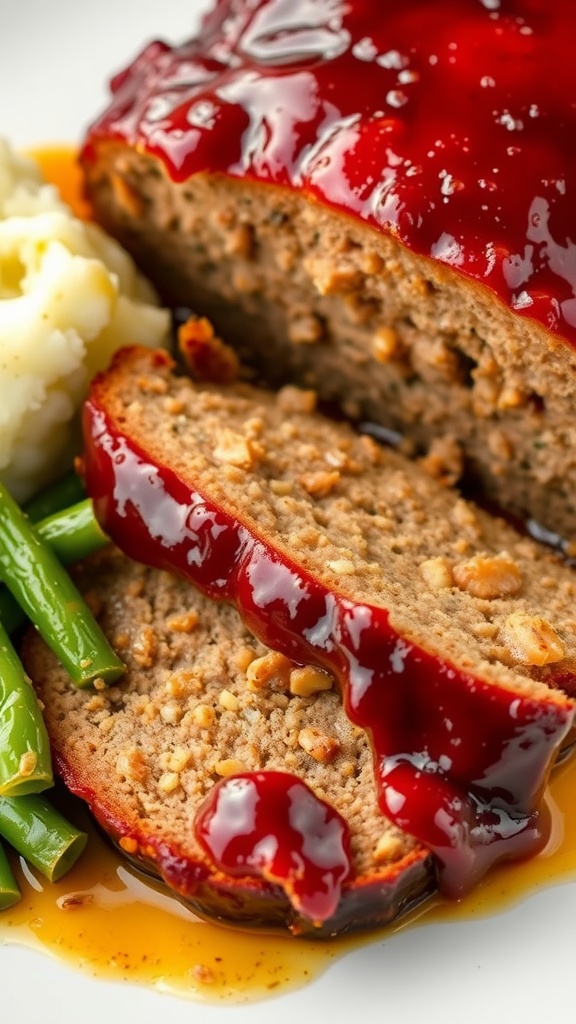A slice of BBQ pork meatloaf served with green beans and mashed potatoes, garnished with BBQ glaze.