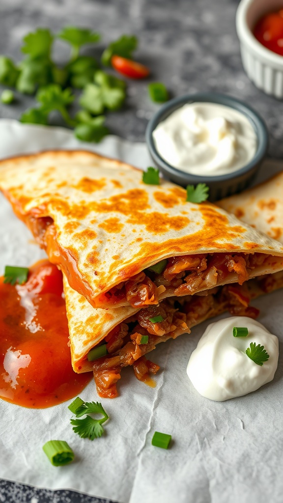 BBQ pork quesadillas with cheese, served with salsa and sour cream on the side.