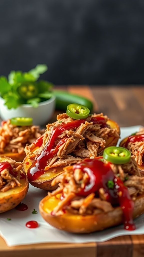 Delicious BBQ pulled pork loaded potato skins topped with cheese, BBQ sauce, and green onions.