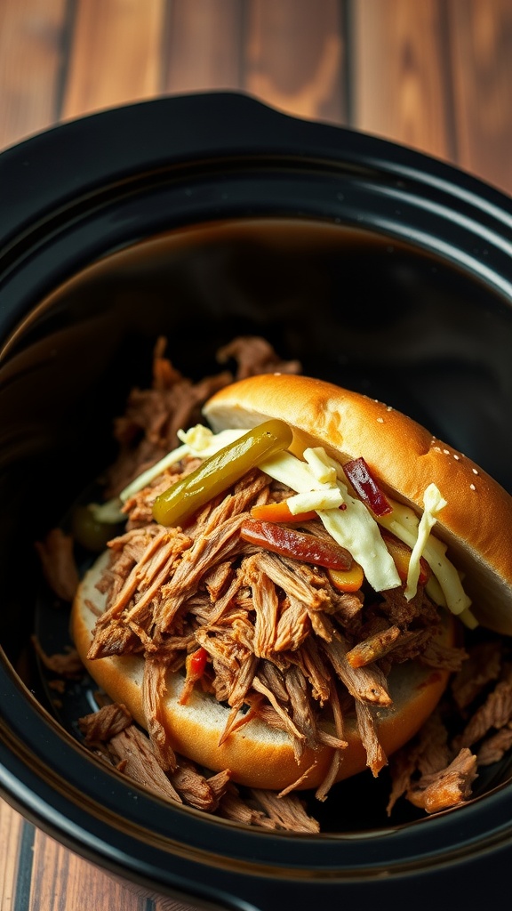 BBQ pulled pork sandwich with coleslaw and jalapeños on a soft bun