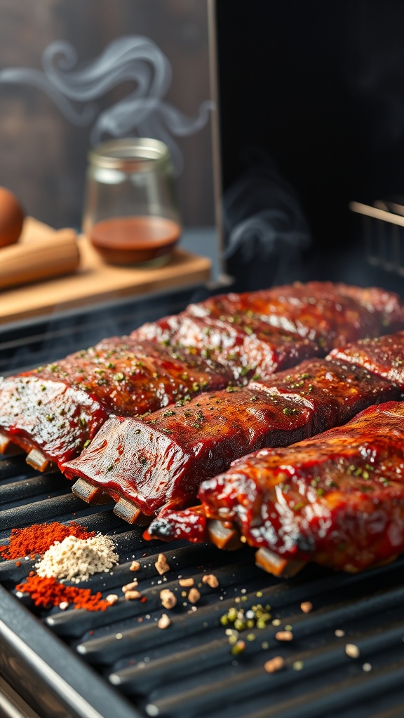 BBQ rubbed beef ribs on a grill with spices nearby