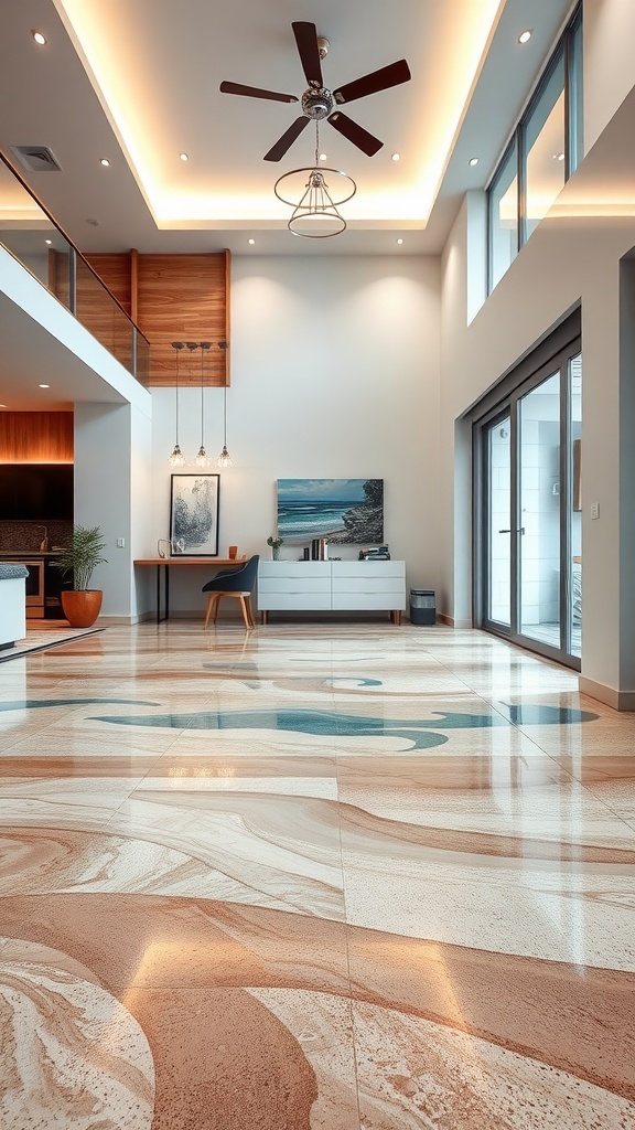 Beach-themed epoxy floor design featuring sandy and ocean wave patterns.