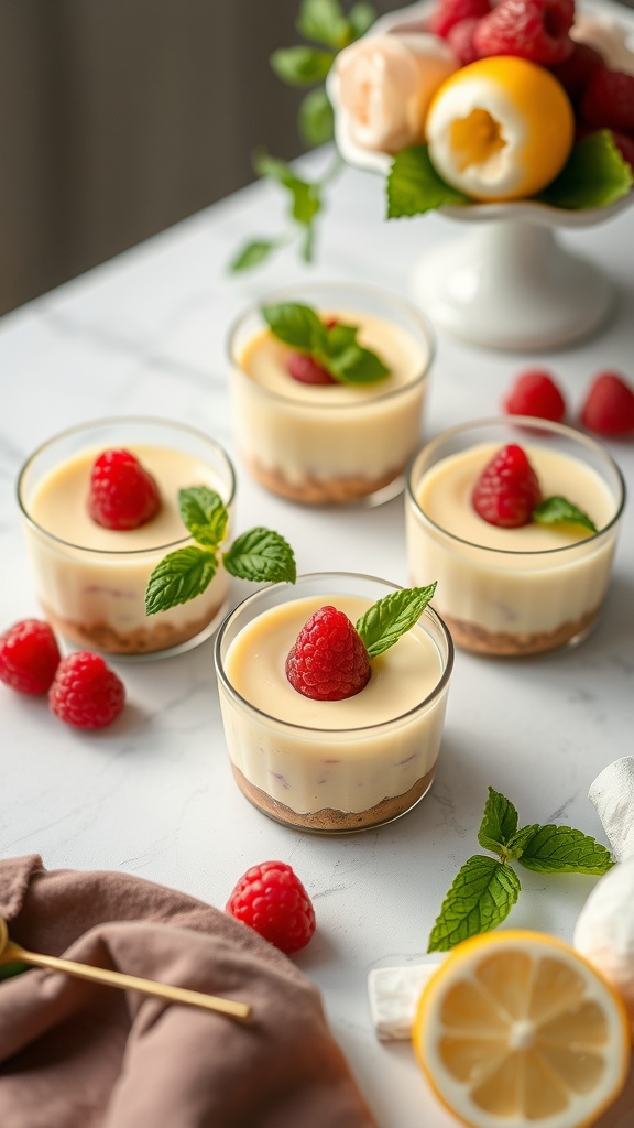 No bake lemon raspberry cheesecake cups beautifully garnished with mint and raspberries
