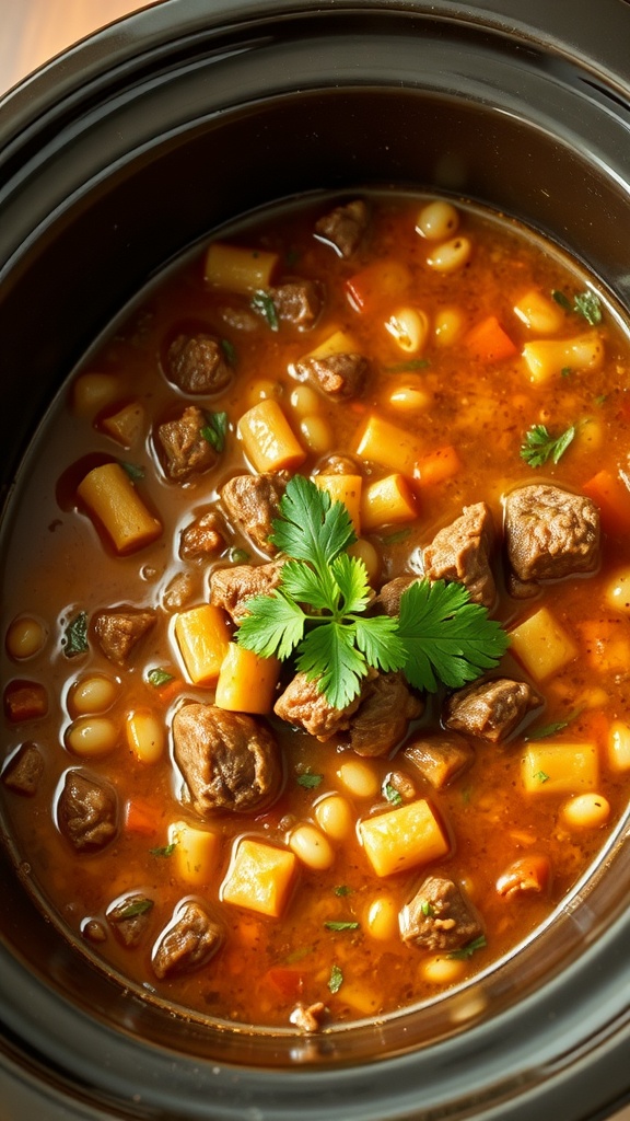 A bowl of hearty beef and barley soup in a crockpot
