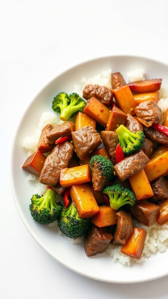 A plate of beef and broccoli stir-fry served over rice.