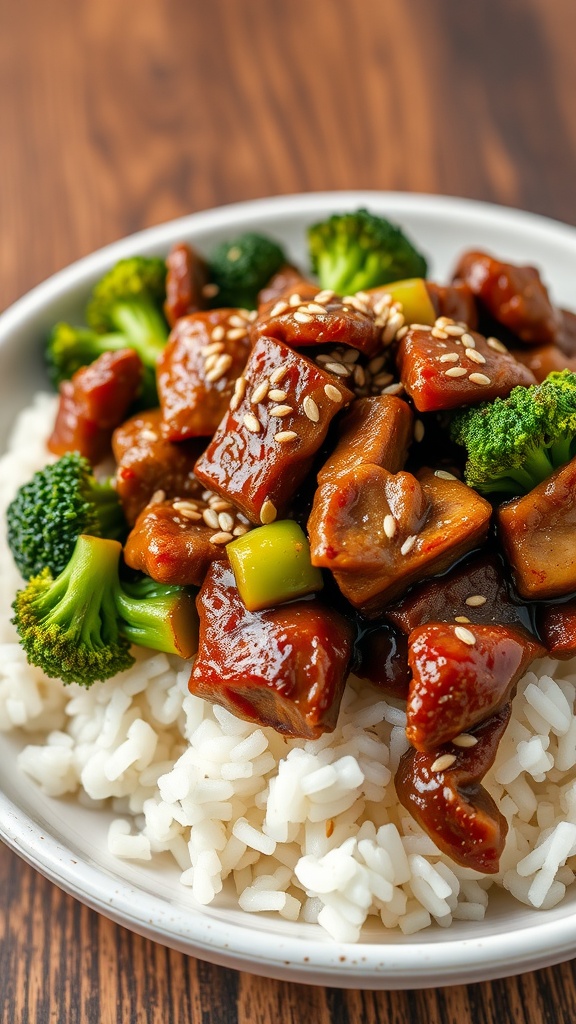 A delicious beef and broccoli stir-fry served over rice with vibrant colors.