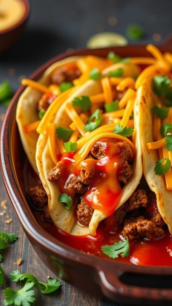 Delicious beef and cheese enchilada tacos with cilantro garnished on top.