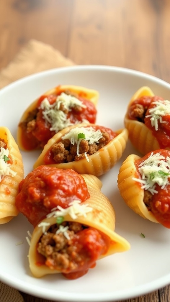 A plate of beef and cheese stuffed pasta shells topped with marinara sauce and shredded cheese.