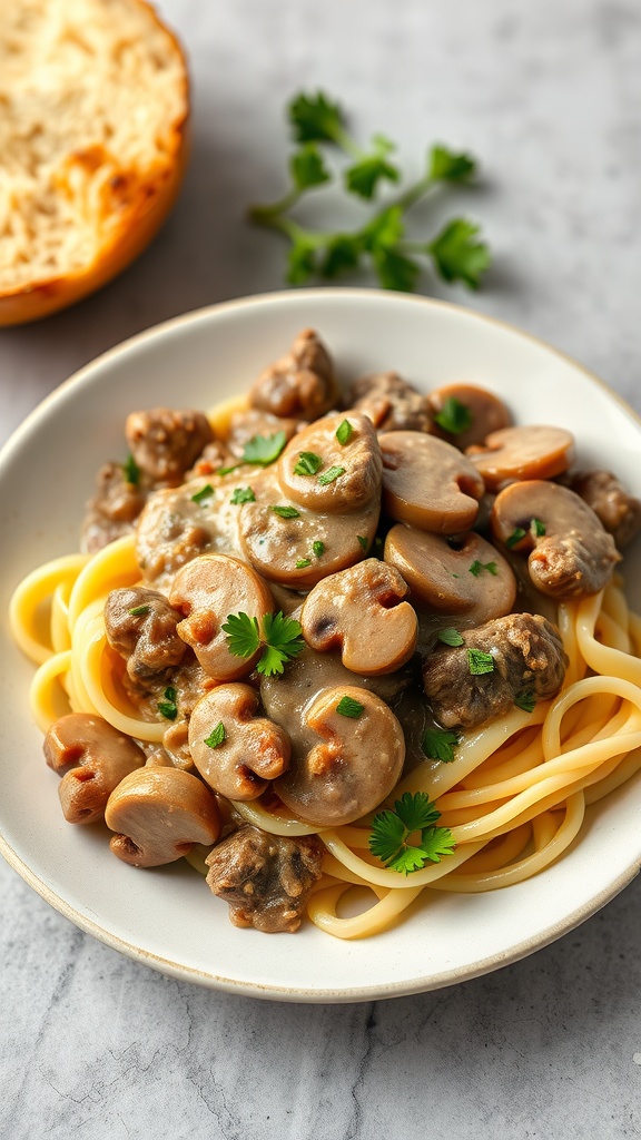 A delicious plate of beef and mushroom stroganoff served over pasta, garnished with fresh parsley.