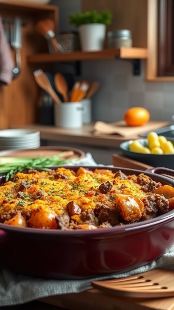 A hearty beef and potato hash casserole ready to be served.