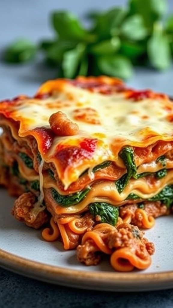 A delicious serving of beef and spinach lasagna, showcasing layers of pasta, beef, and melted cheese.