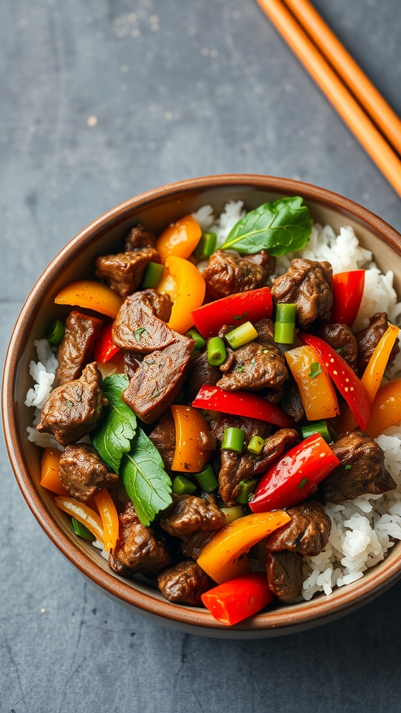 A bowl of beef and vegetable stir-fry with colorful peppers and broccoli.