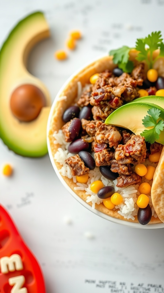 A colorful beef burrito bowl with ground beef, rice, beans, corn, and avocado slices, garnished with cilantro.