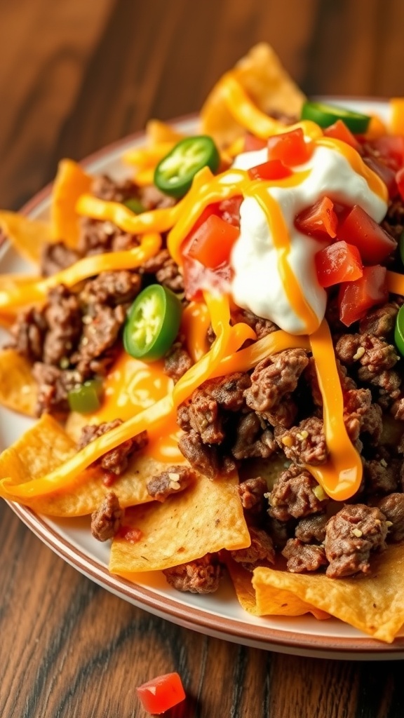 A plate of Beef Nachos Supreme topped with ground beef, cheese, jalapeños, tomatoes, and sour cream.