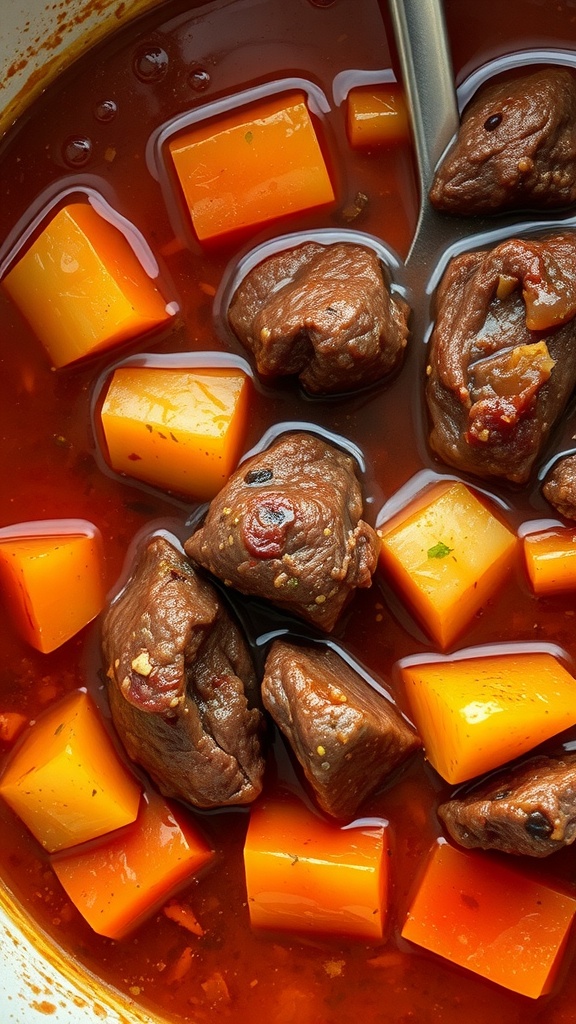 A bowl of beef stew with chunks of meat and root vegetables in rich broth.