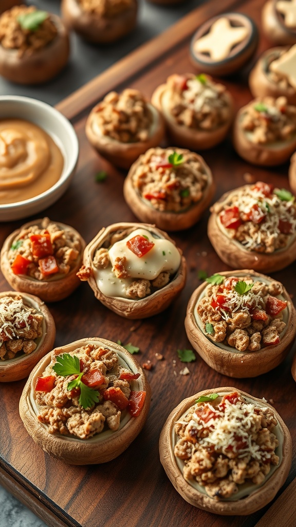 Delicious beef stroganoff cream cheese stuffed mushrooms ready to serve.