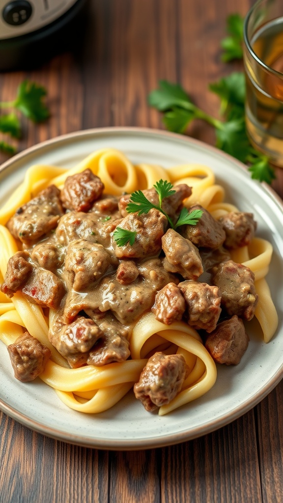 A plate of Beef Stroganoff served with egg noodles and garnished with parsley.