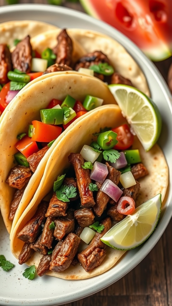 Beef tacos with fresh toppings on a plate.