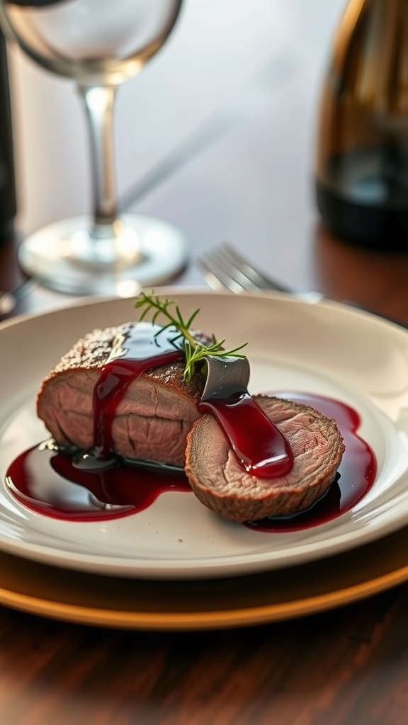 A plate of beef tenderloin with red wine sauce, elegantly presented.
