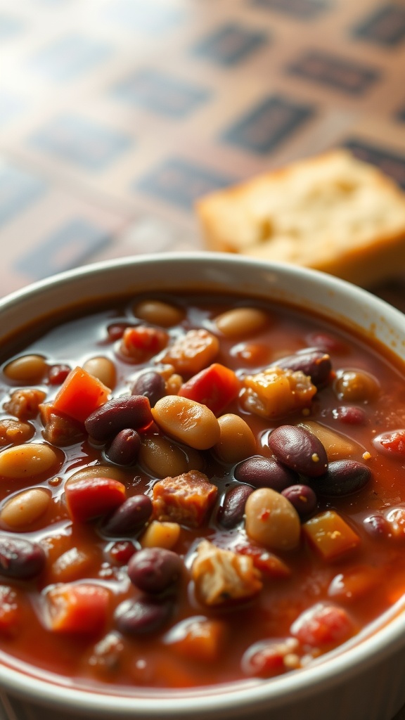A bowl of beefy chili with various beans and vegetables, garnished with toppings.