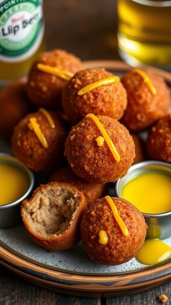Plate of beer-battered sausage balls with mustard dip and beer