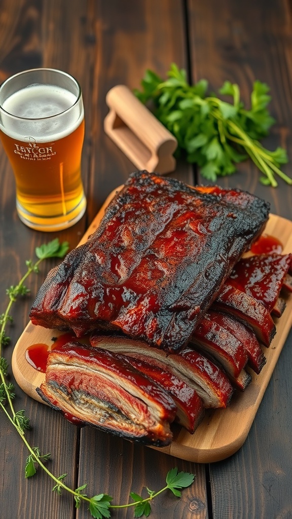 Delicious beer-braised BBQ ribs on a wooden platter with a glass of beer
