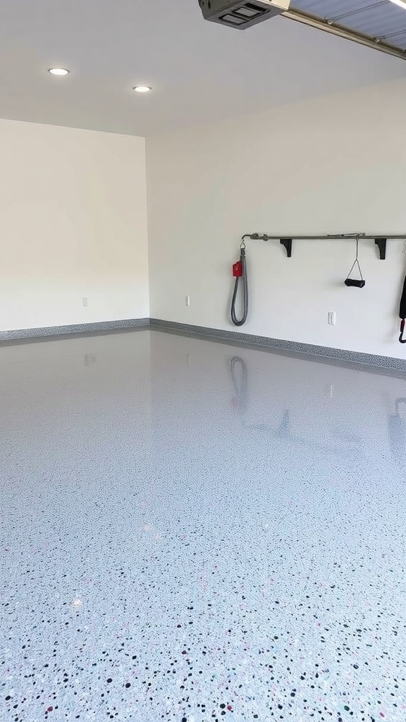 Before and after transformation of a garage floor showing a speckled epoxy finish.