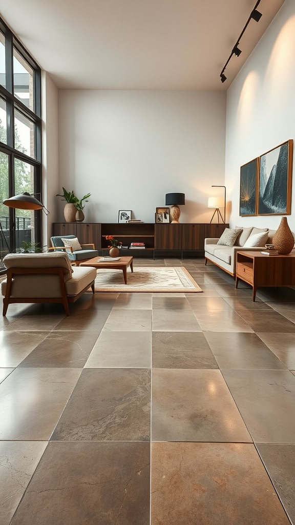 A stylish living room featuring rustic cement flooring with polished finish, large windows, and minimalist furniture.