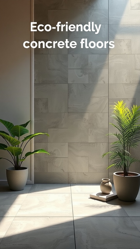 A modern interior with eco-friendly concrete floors and potted plants