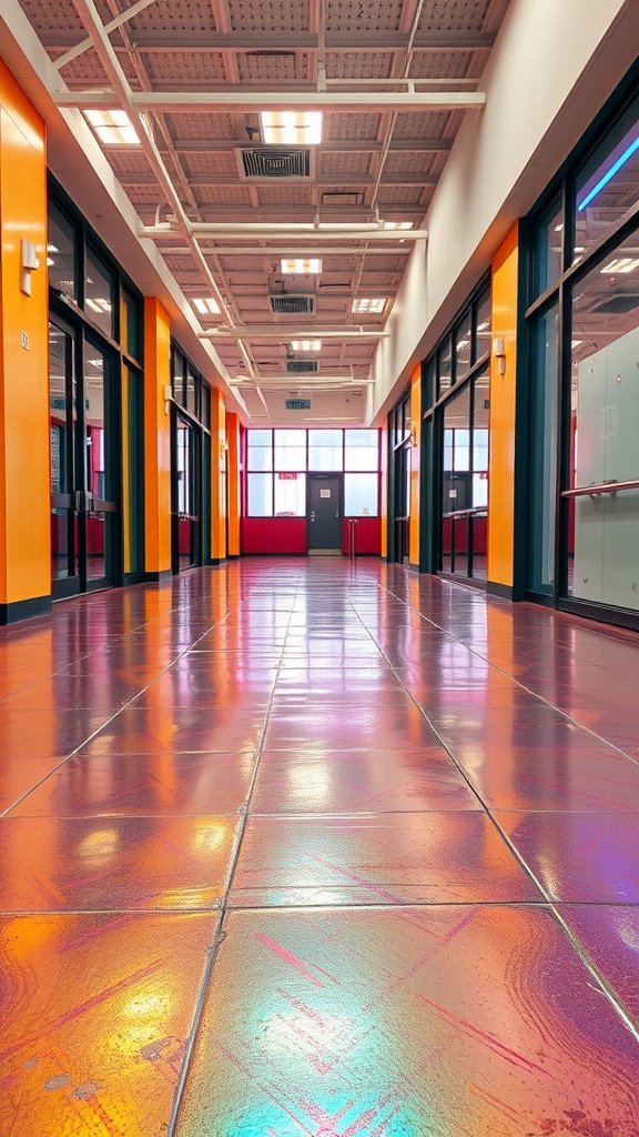 A brightly colored hallway with shiny metallic epoxy flooring reflecting light.