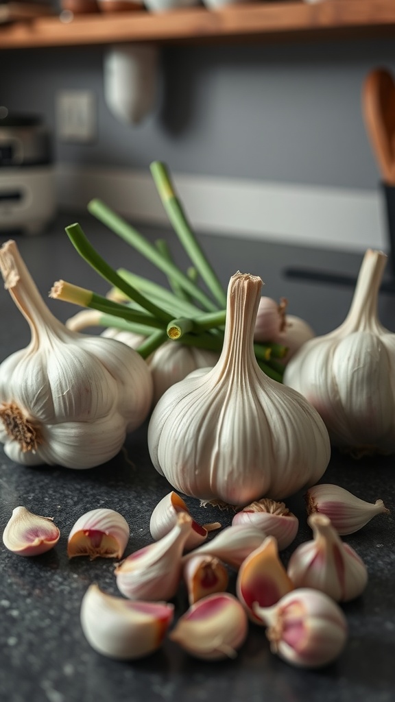 Garlic bulbs and cloves on a kitchen counter