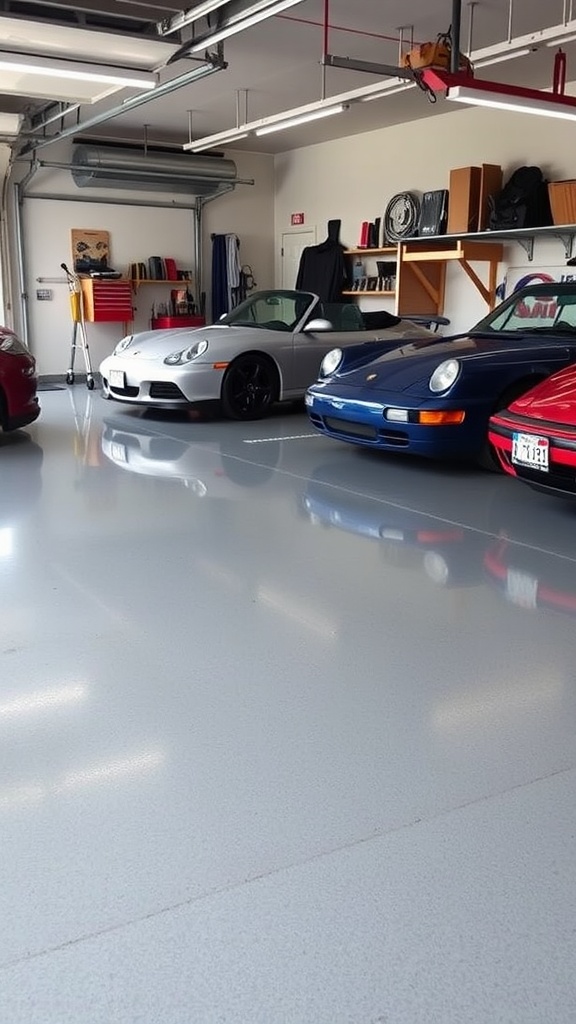 A split image showing a simple gray concrete floor on one side and a colorful, swirled epoxy floor on the other side.