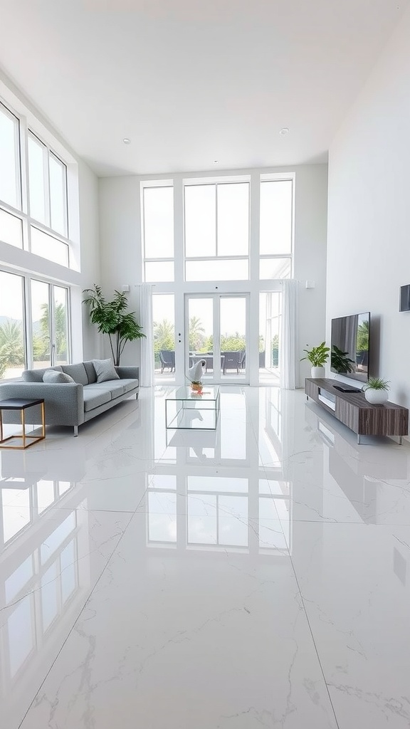 A spacious room featuring custom concrete flooring with visible light reflections and wooden stairs.