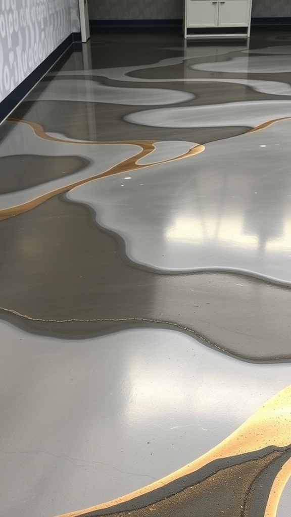 An interior space showcasing a modern kitchen with custom epoxy flooring.