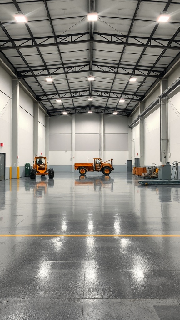A spacious warehouse with a shiny epoxy coated floor and yellow machinery.