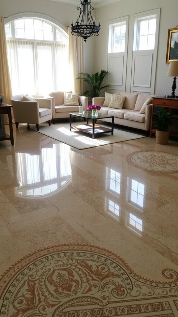 A modern living room with shiny epoxy flooring, large windows, and plants, showcasing a bright and inviting space.