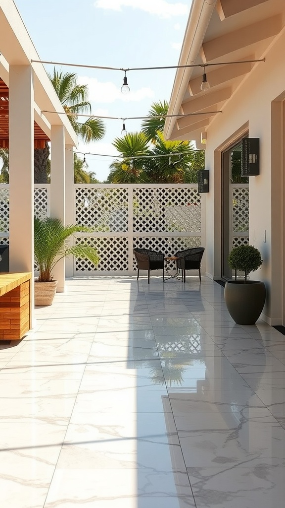 A beautiful outdoor patio with glossy epoxy flooring, surrounded by greenery and stylish furniture.