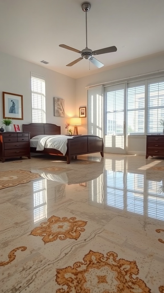 A well-lit bedroom featuring epoxy concrete floors with a decorative pattern, wooden furniture, and large windows.