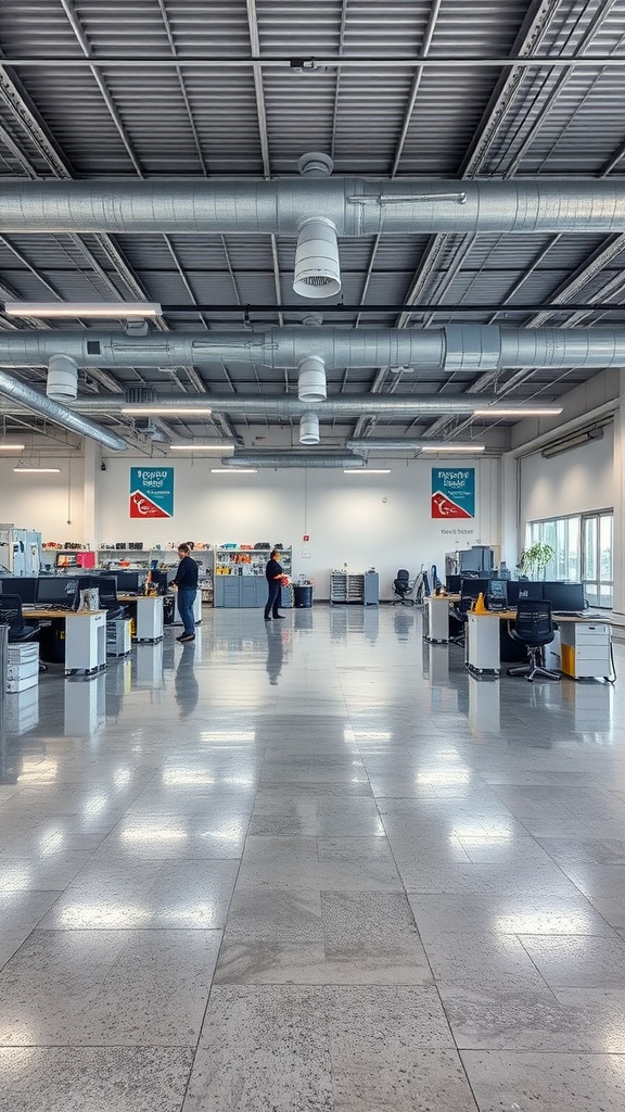 A spacious commercial area showcasing sleek epoxy flooring, with desks and people in a well-lit environment.