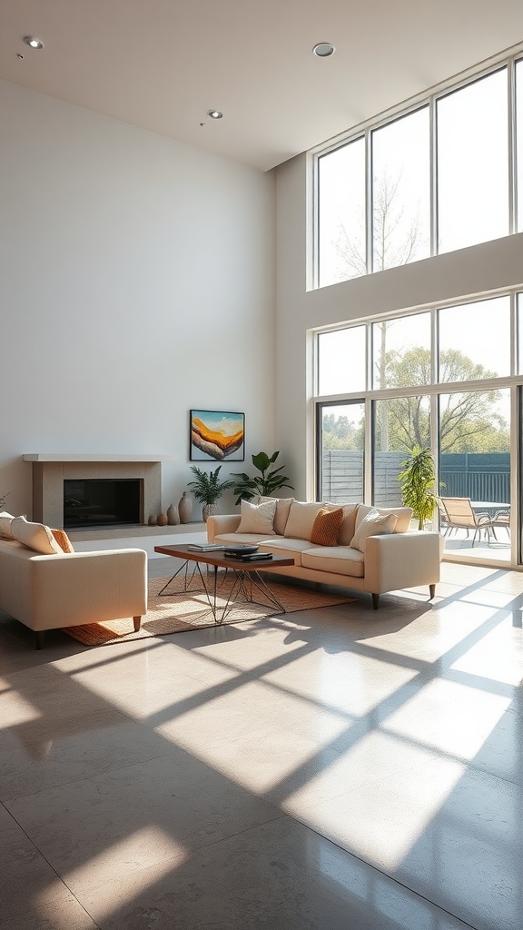 Modern room featuring shiny epoxy flooring and large windows allowing natural light