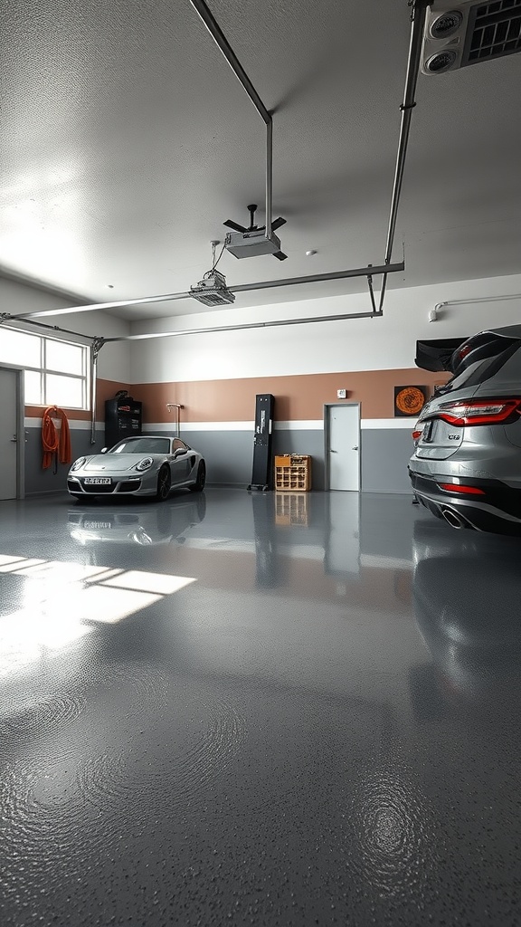 A modern garage with shiny epoxy flooring and red accents on the walls, showcasing a neat and organized space.