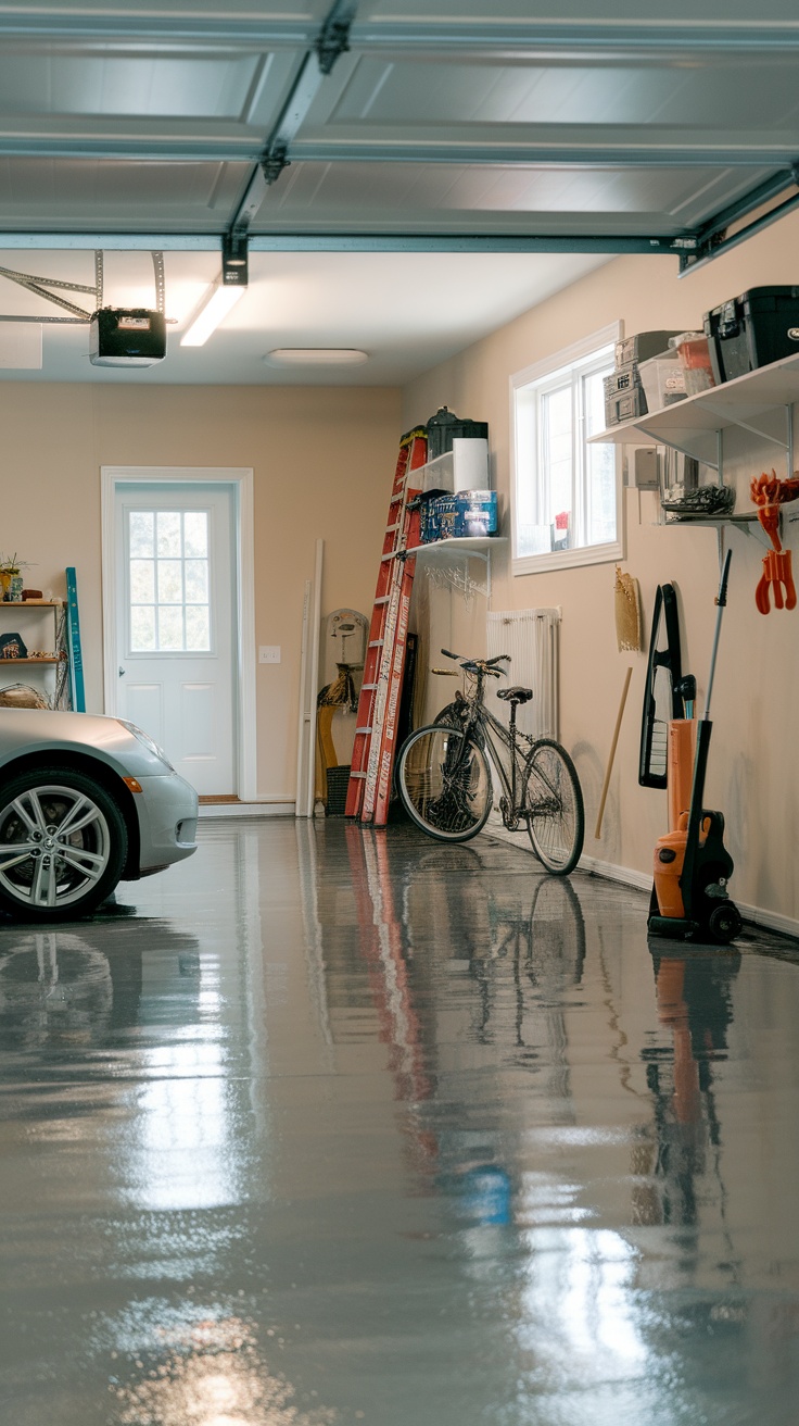 A garage with a shiny epoxy floor, a car parked inside, and organized storage.